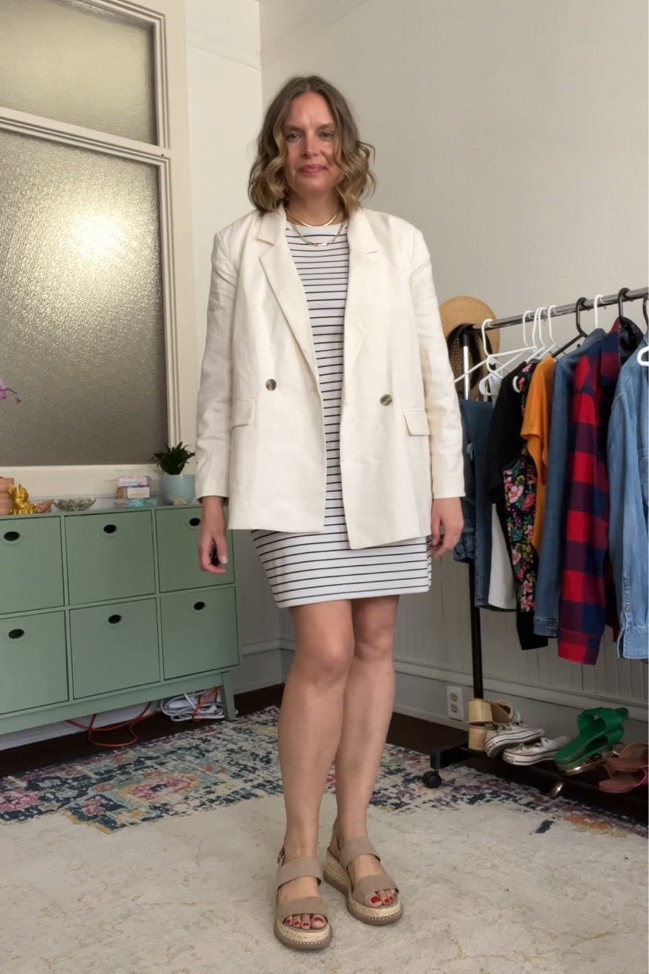 Outfit formula: Linen blazer, striped dress & sandal

#LTKSeasonal #LTKworkwear #LTKcurves