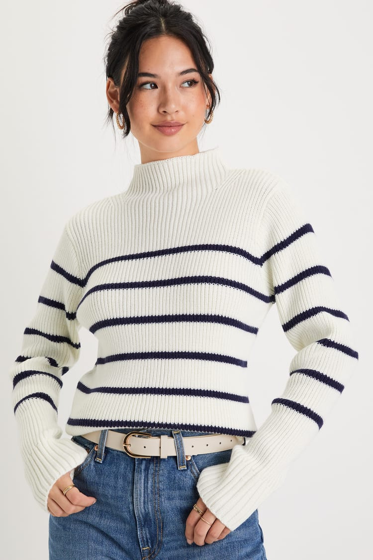 Confident Poise White Striped Mock Neck Pullover Sweater | Lulus