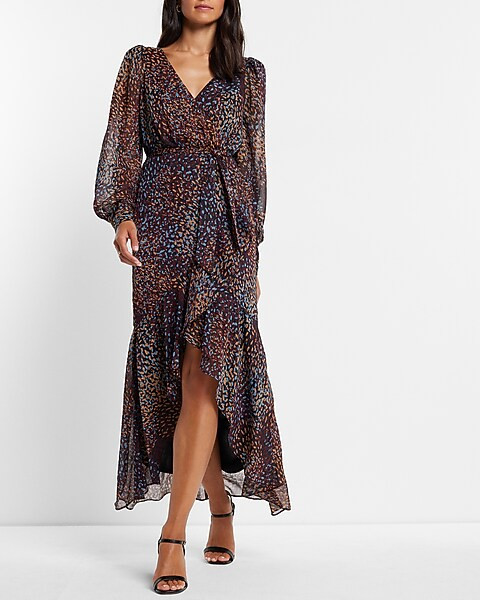 Metallic Printed Faux Wrap Ruffle Hi-lo Maxi Dress | Express
