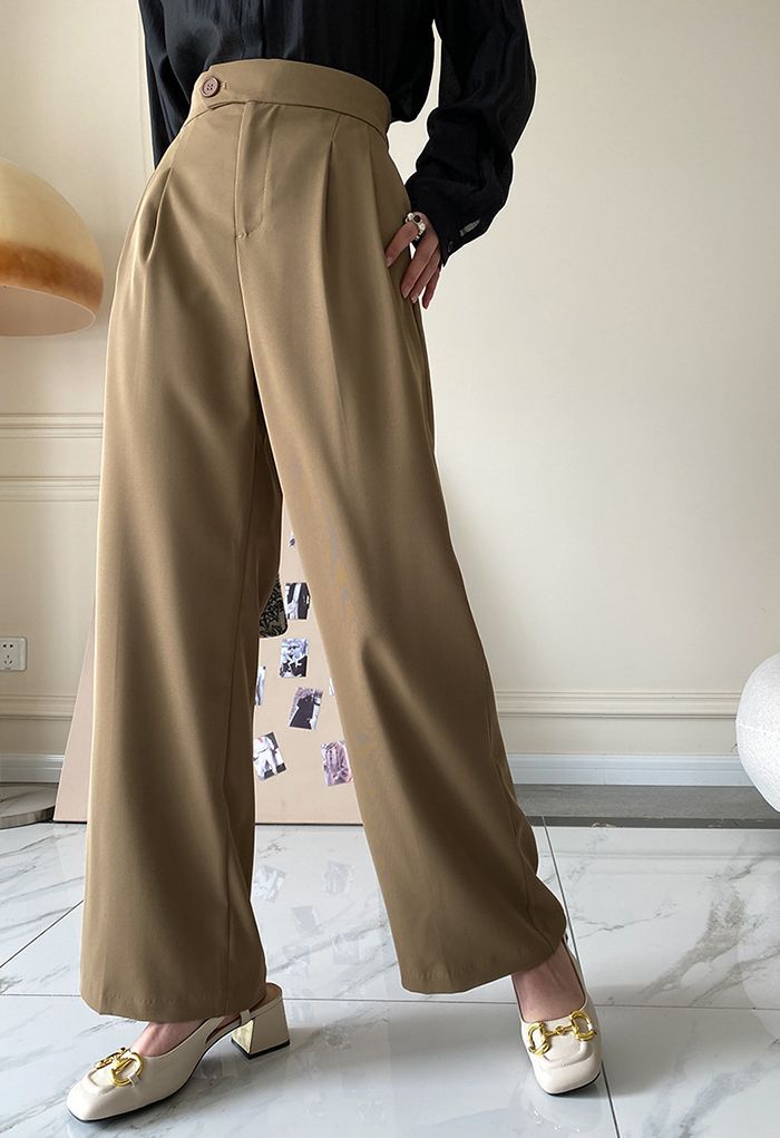 Buttoned Waist Pocket Wide Leg Pants in Tan | Chicwish