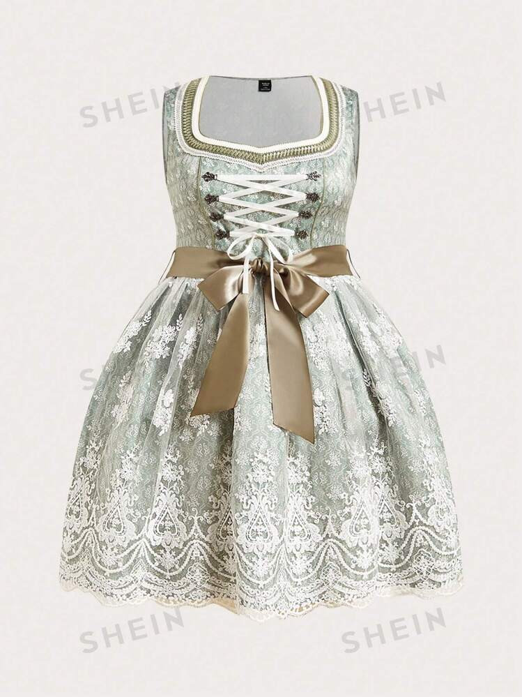 SHEIN Frenchy Plus Size Women's Oktoberfest Heavily Embroidered Lace Dirndl Dress | SHEIN
