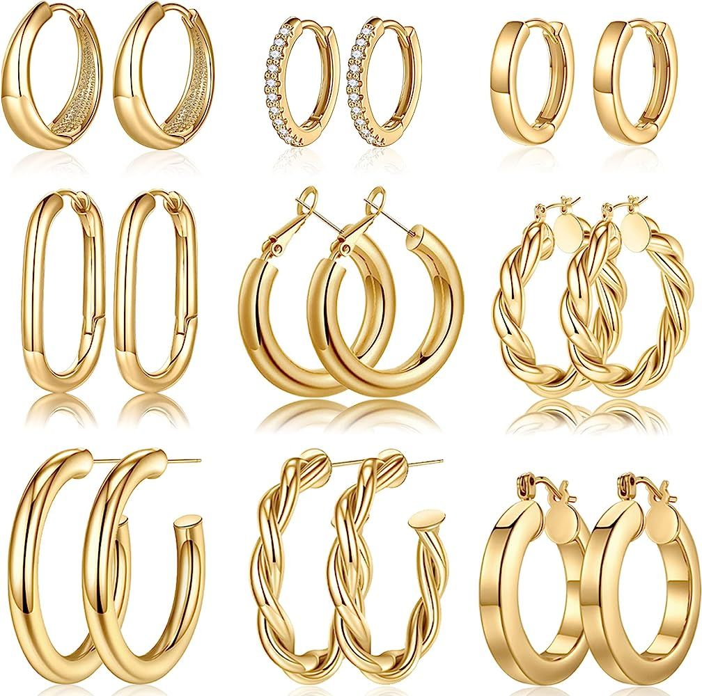 Yesteel 9 Pairs Gold Hoop Earrings for Women, 925 Sterling Silver Post 14K Real Gold Plated Chunk... | Amazon (US)
