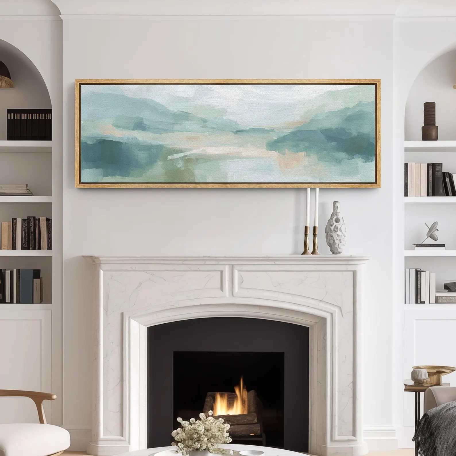 Abstract Green Landscape Wall Art - Large Framed Canvas Print, Soft Pastel Mountain & Lake Painti... | Etsy (US)