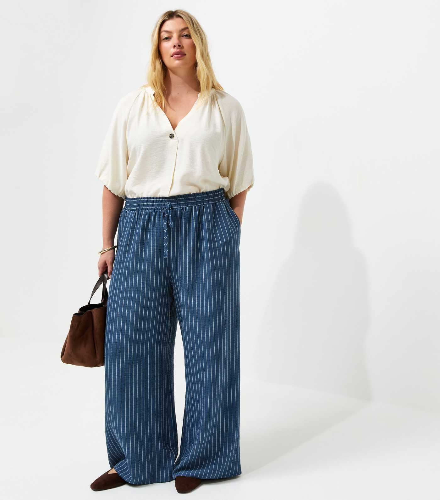 Curves Blue Woven Striped Wide Leg Trousers | New Look | New Look (UK)