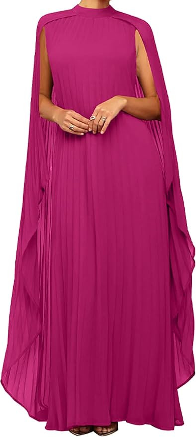 Seltaon Women's Chiffon Pleated Flowy Maxi Dresses Cape Sleeve Pleated Cocktail Evening Party Dre... | Amazon (US)
