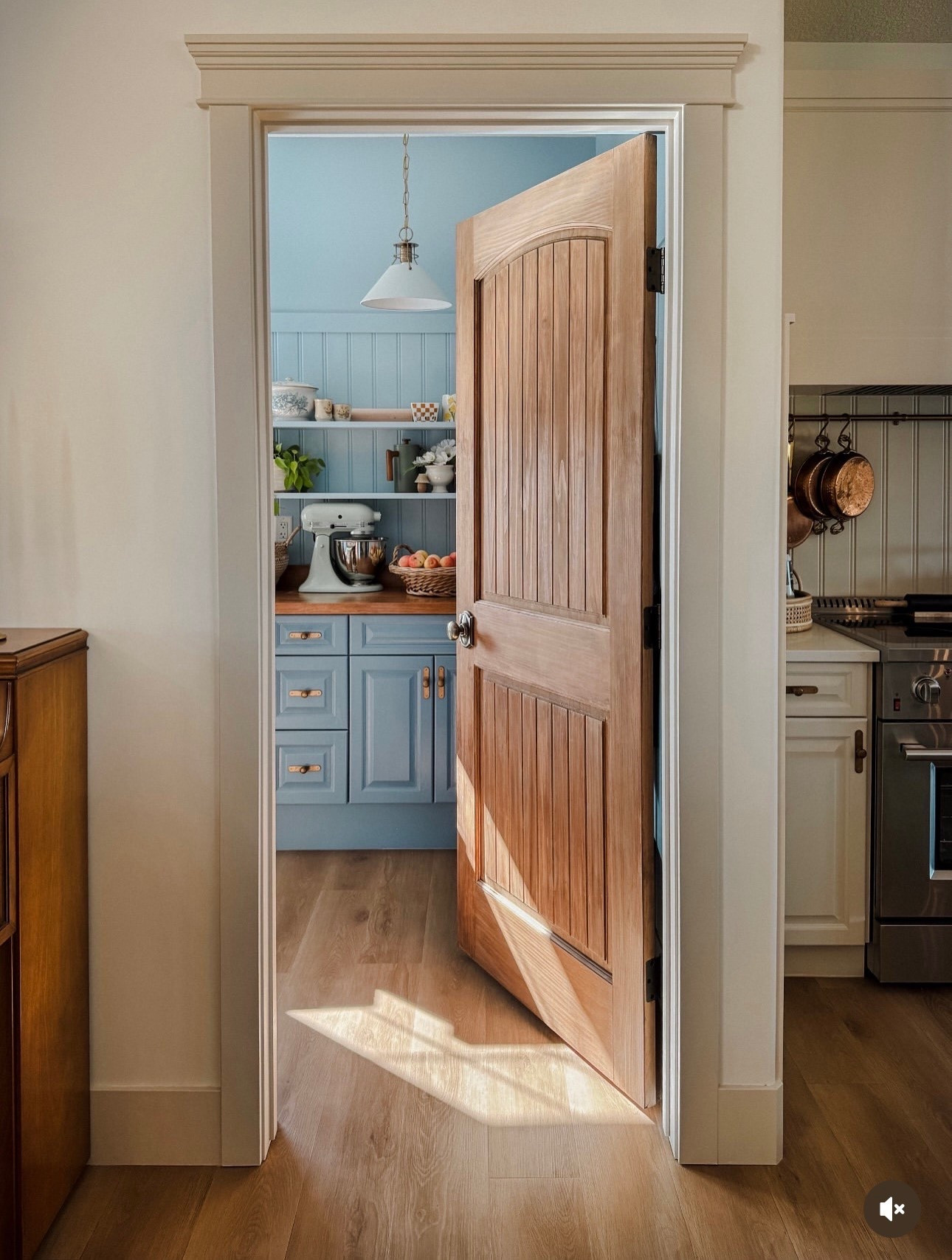 Modern cottage butlers pantry. Pine door, pistachio kitchen aid mixer, white and brass pendant, wainscoting, beadboard, butcher block countertops 

#LTKHome