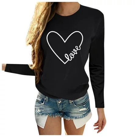 Uooqdmx Valentines Day Outfit Women Fall Clothes Tops O Neck Casual Letter Print Long Sleeve Heart Shaped Blouse Tunic Tops for Women Loose Fit Dressy Black L | Walmart (US)