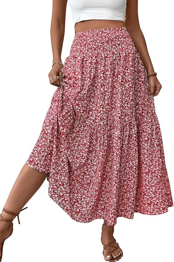 Women's Smocked High Waist Maxi Skirt Casual Boho Long Skirts with Pockets | Amazon (US)
