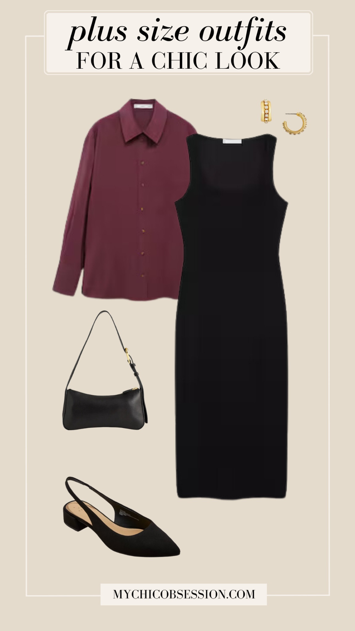 Layer a black midi dress over a burgundy button-down for a chic office look. Add a black handbag, slingback flats and crystal-studded hoops.

#LTKPlusSize #LTKStyleTip #LTKSeasonal