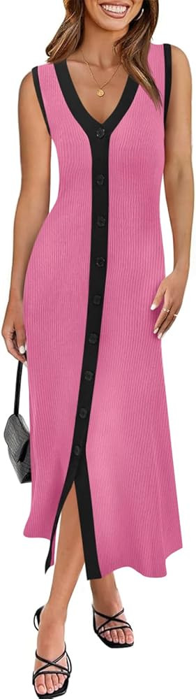 Saodimallsu Womens Summer Button Down Sweater Dresses Sleeveless V Neck Casual Ribbed Knit Color ... | Amazon (US)