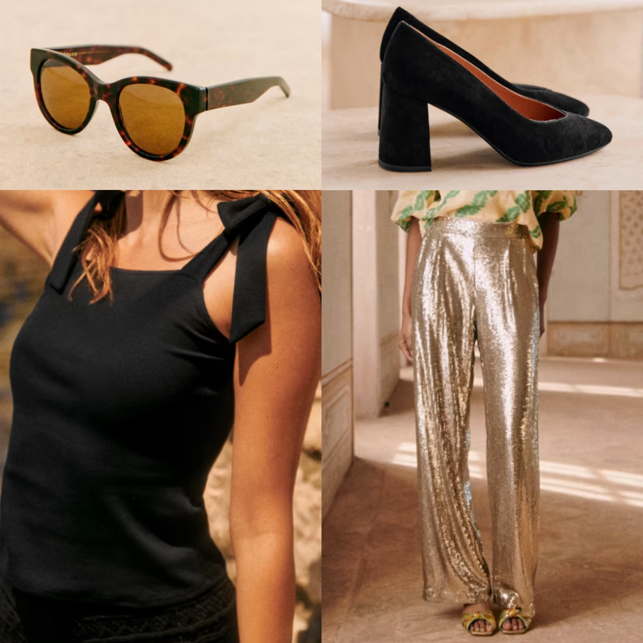 Gold pants, glitter, sequin, pants, black heels, sunglasses, tortoiseshell, blank tank, tie, bow, wedding outfit, date night

#LTKwedding #LTKbeauty #LTKstyletip