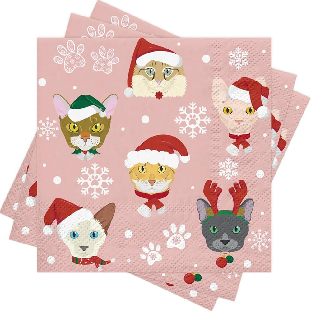 RUSPEPA 25 Pcs Christmas Cat Cocktail Napkins, 3 Ply Cute Cartoon Kitty Faces with Santa Hat and ... | Amazon (US)