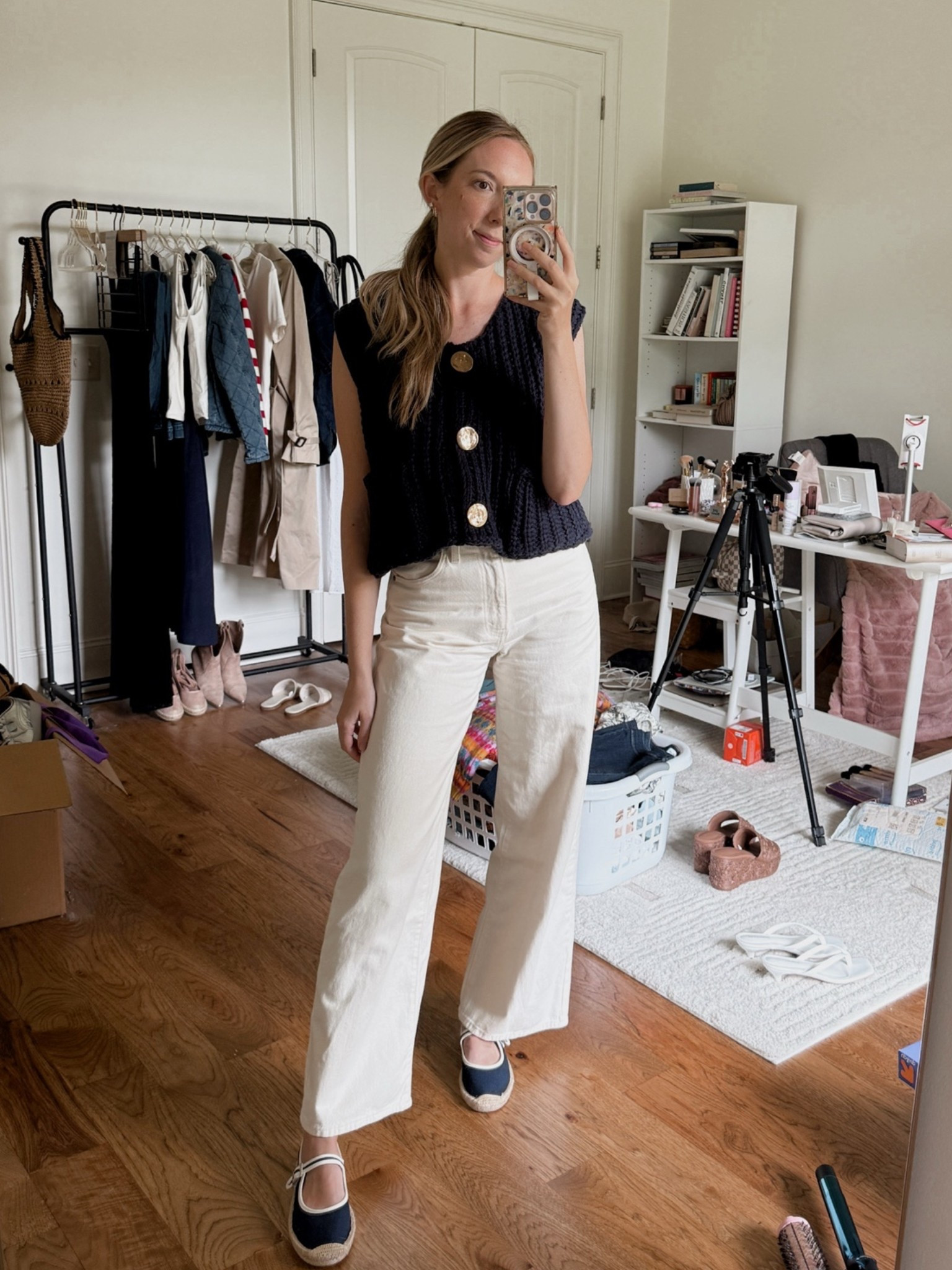Easy Sunday church style outfit by BarbiGia. Chunky knit vest gold buttons and Levi pinch waist jeans for summer. Late summer cream white jeans outfit. Espadrilles Mary Jane flat shoes on sale

#LTKdayinmylife #LTKgrwm #LTKootd