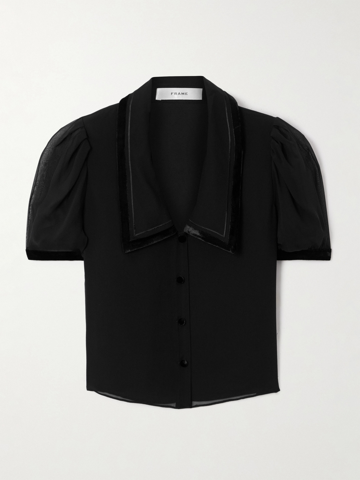 FRAME - The Sailor Velvet-trimmed Silk-chiffon Blouse - Black | NET-A-PORTER (US)