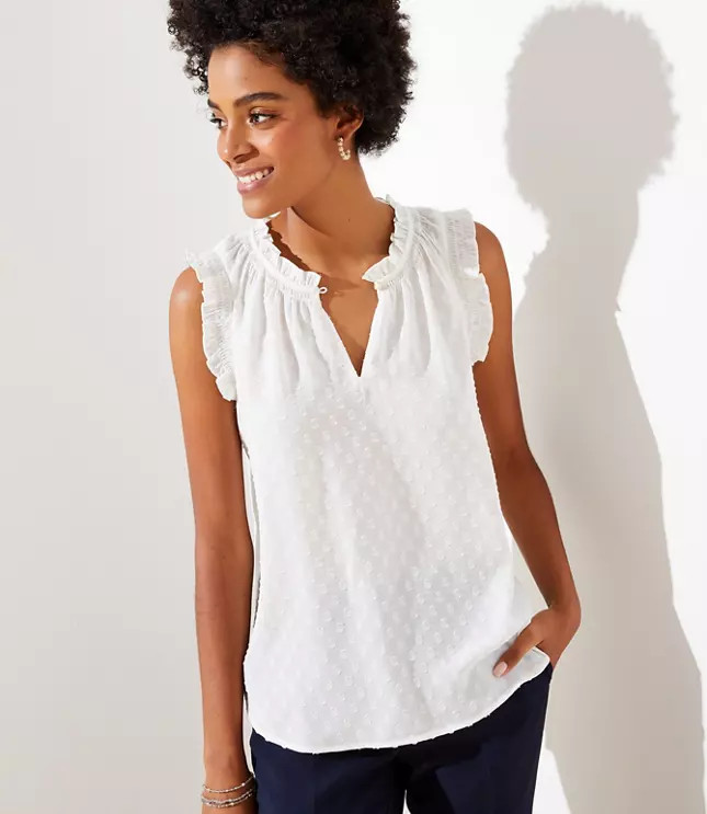 Clip Dot Smocked Split Neck Shell | LOFT
