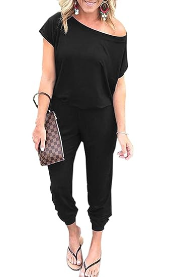 Angashion Women's Jumpsuits - Crewneck One Off Shoulder Short Sleeve Elastic Waist Romper Playsui... | Amazon (US)