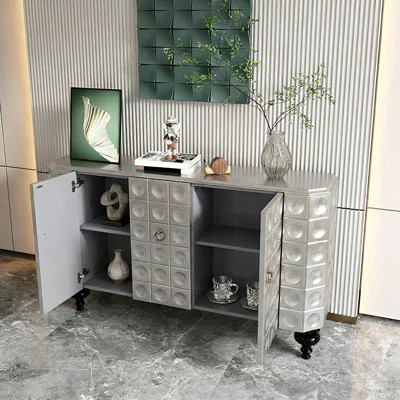 60" Modern Glam Sideboard with Hand-Applied Silver Leaf & 3D Geometric Detail | Wayfair North America