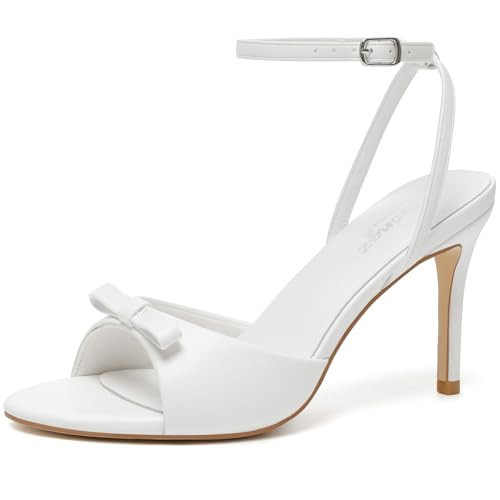 RIBONGZ Women's High White Heels Round Open Toe Sexy Kitten Sandals Stiletto Heeled Pumps Ankle Strap Bridal Shoes with Bow Summer Wedding Party Casual Office Work 12 | Amazon (US)