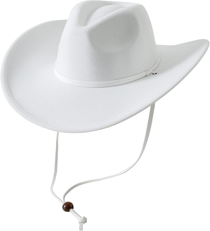Lanzom Women Men Retro Felt Wide Brim Western Cowboy Cowgirl Hat Dress Up Hat with Wind Lanyard | Amazon (US)