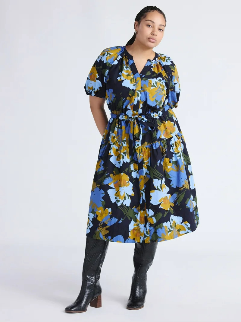 Free Assembly Women's and Women's Plus Cotton Midi Dress with Puff Sleeves, Sizes XS-4X | Walmart (US)