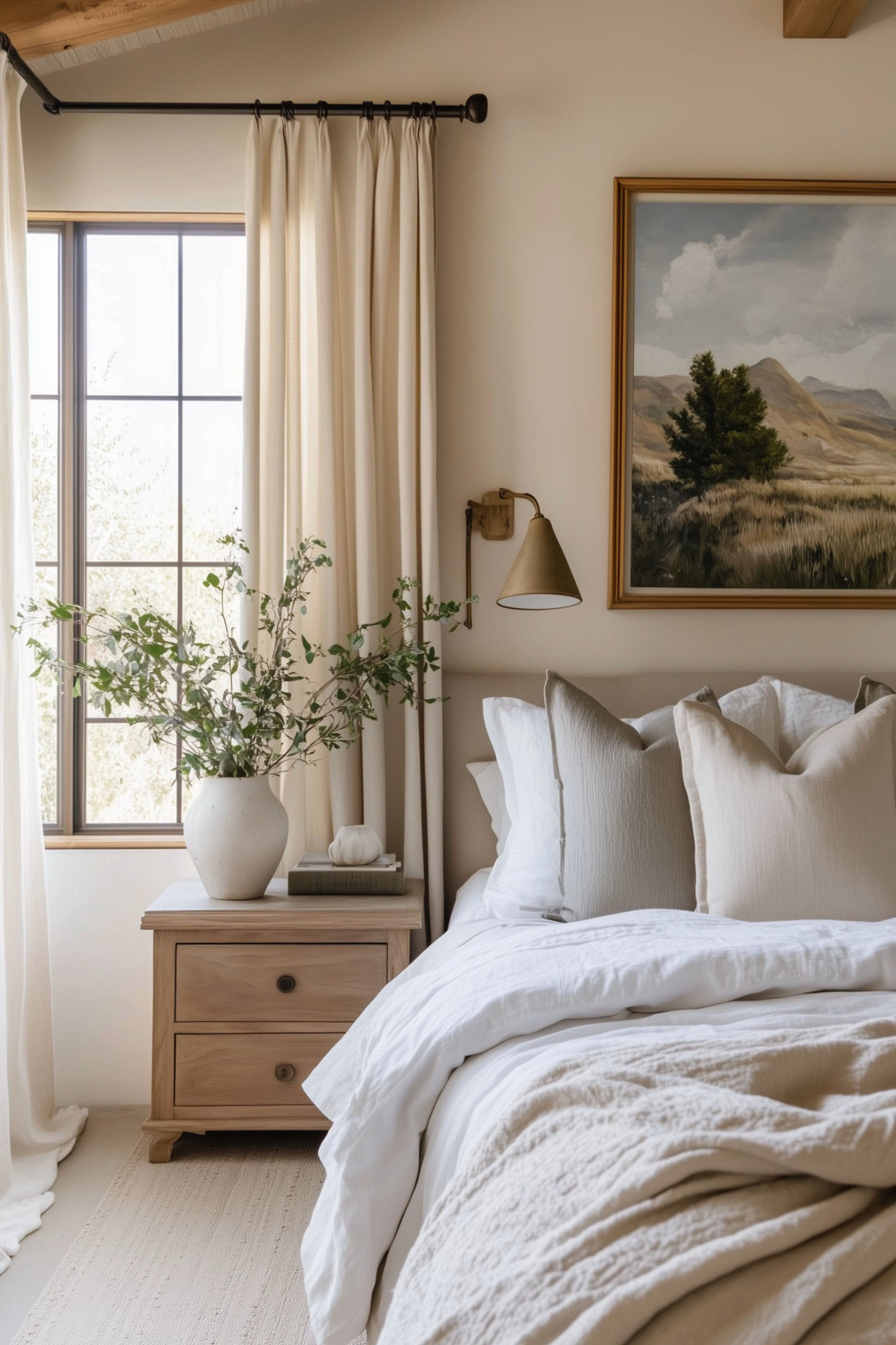 This serene bedroom embodies a perfect blend of organic modern style with neutral tones. The space is brought to life with soft, creamy bedding and rustic wooden furniture. Earthy accents like the lush green foliage in a ceramic vase and a landscape painting enhance the natural aesthetic. Light filters softly through the elegant curtains, creating a warm, inviting atmosphere ideal for relaxation.

🖤 If you want to see more content like this, FOLLOW maeveandmodern on LTK, Instagram, and Pinterest! Check out our blog where we post daily, maeveandmodern.com! 

moody bedroom views | organic modern bedroom | neutral home styling | cozy bedroom ideas | rustic bedroom decor | soft bedding | elegant curtains | serene bedroom design | natural aesthetic | warm inviting atmosphere | creamy bedding | earthy accents | rustic wooden furniture | landscape painting | lush greenery | soft light curtains | relaxing bedroom space | neutral decor ideas | organic design | 

 

#LTKHome #LTKSaleAlert #LTKFindsUnder100 #LTKSeasonal #LTKHome #LTKSaleAlert