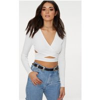 Cream Bandage Wrap Front Longsleeve Crop Top | PrettyLittleThing UK