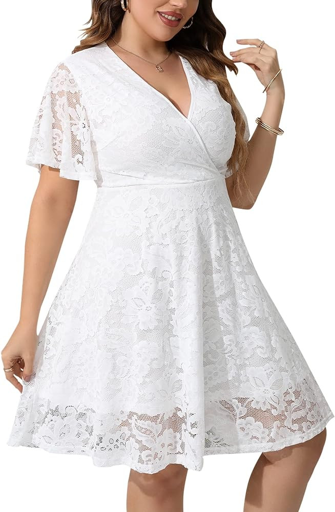SCOMCHIC Women Plus Size Lace Cocktail Dresses Faux Wrap V Neck Short Sleeve Flowy A Line Wedding... | Amazon (US)