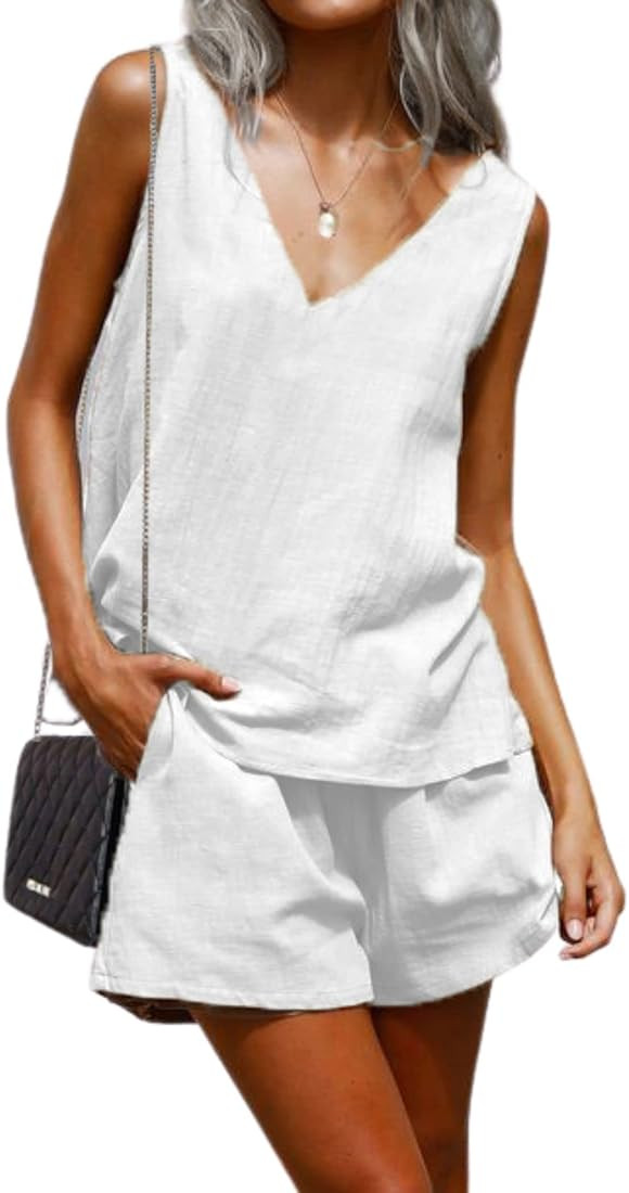 Hotouch Women’s Summer 2 Piece Outfits Shorts Sets Sleeveless V Neck Crop Top Tank and High Wai... | Amazon (US)