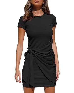 LILLUSORY Women's Casual Short Sleeve Wrap Bodycon Ruched Tie Waist Summer Dress | Amazon (US)