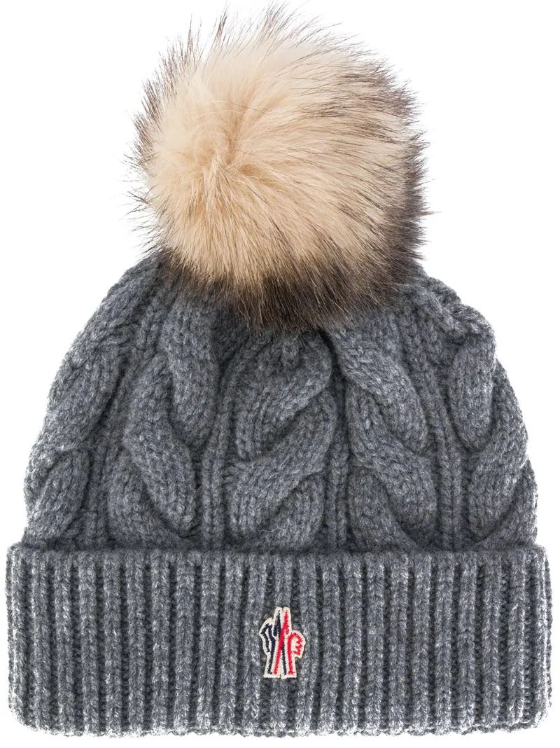 Moncler Grenoble - chunky knit pom pom beanie - women - Cashmere/Wool/Marmot Fur - One Size, Grey, Cashmere/Wool/Marmot Fur | FarFetch US