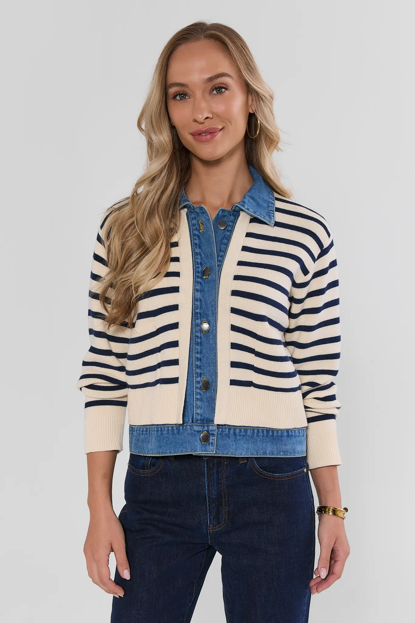 Asher Ivory Striped Denim Trim Cardigan | Avara