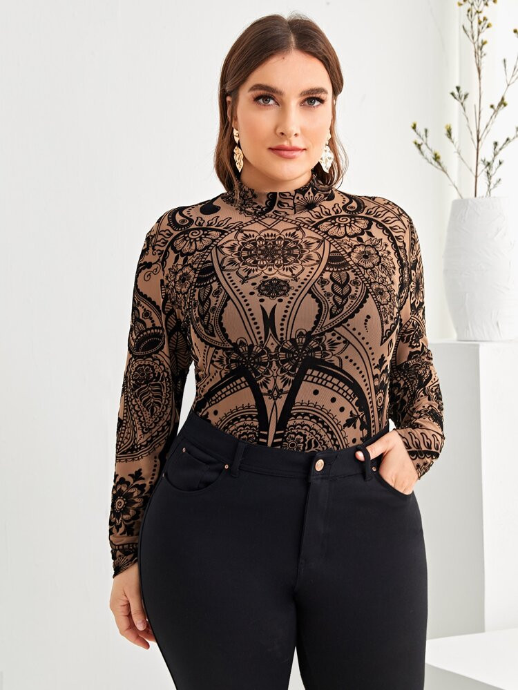 SHEIN Plus Mock-Neck Paisley Print Mesh Top | SHEIN