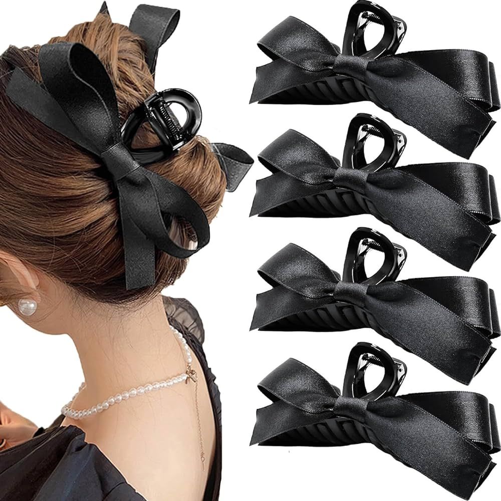 Sizobi 4PCS Bow Claw Clip, 4.3 Inch Big Black Bow Hair Clips for Women,Silky Satin Hair Bows Clip... | Amazon (US)
