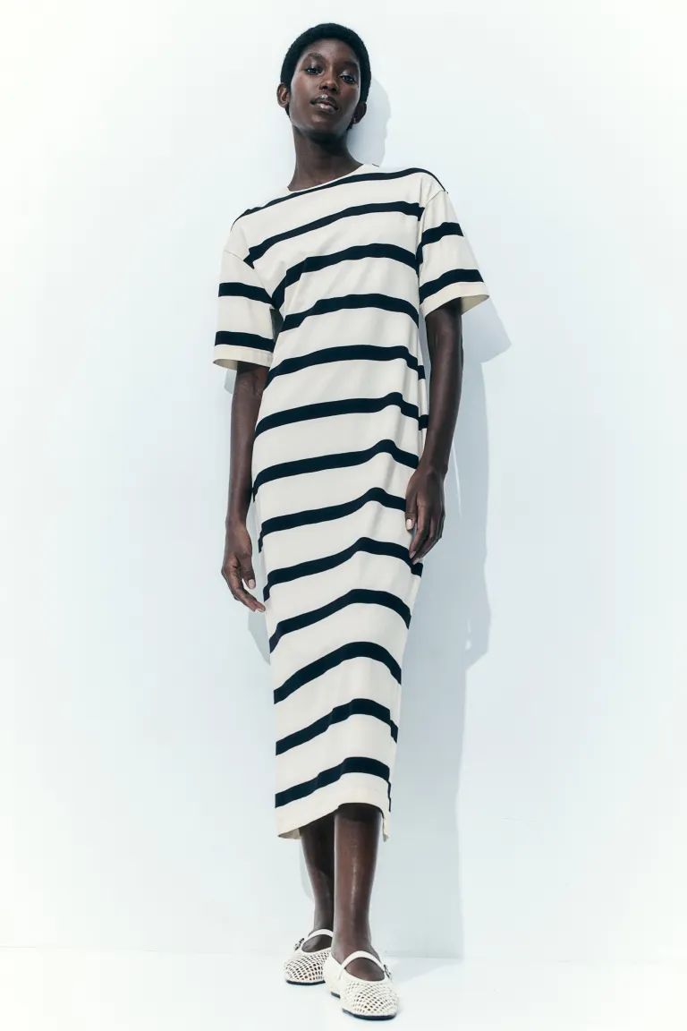 T-shirt Dress - Round Neck - Short sleeve - Light beige/striped - Ladies | H&M US | H&M (US + CA)