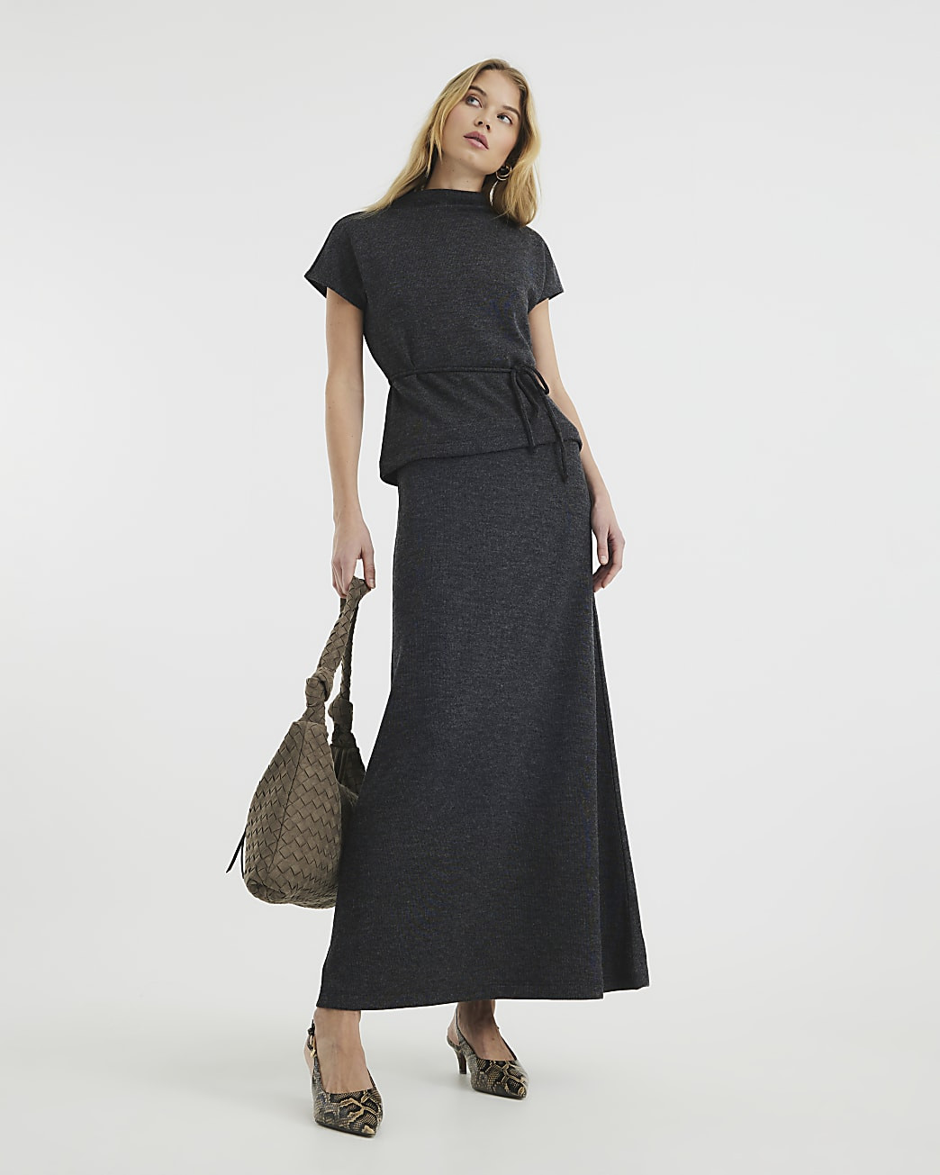 Grey Ribbed Midi Skirt | River Island UK & IE