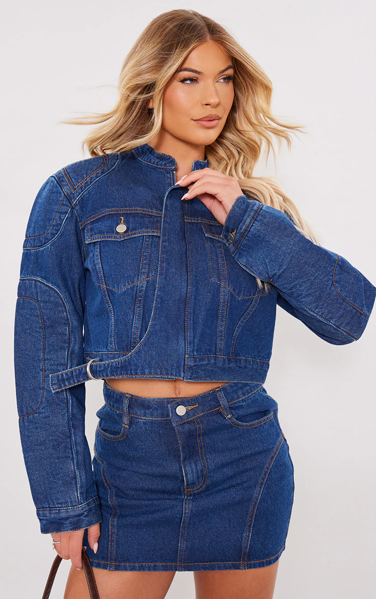 Indigo Vintage Wash Seam Denim Bomber Jacke | PrettyLittleThing US