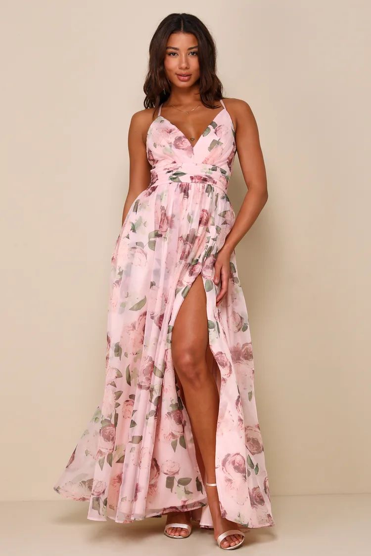 Romance That Wows Blush Floral Print Organza Maxi Dress | Lulus
