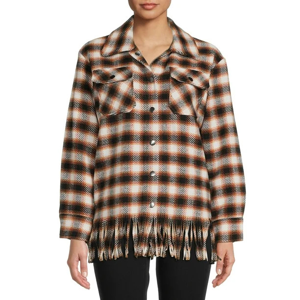 Time and Tru Women's Plaid Fringe Shacket with Snap Front | Walmart (US)
