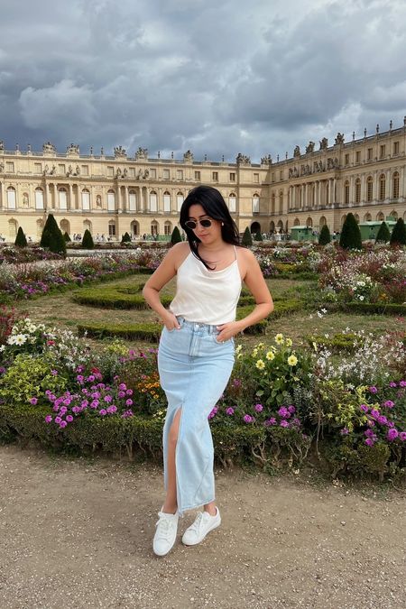 the perfect travel outfit for exploring château versailles. Blue jean skirt & comfy white sneakers 👟 | paris, france 🇫🇷 

#LTKsalealert #LTKeurope #LTKtravel