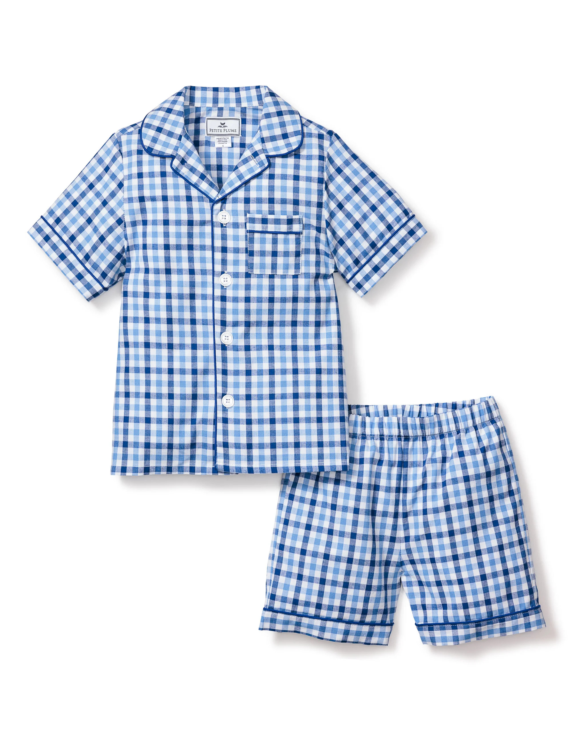 Kid's Twill Short Set in Royal Blue Gingham | Petite Plume