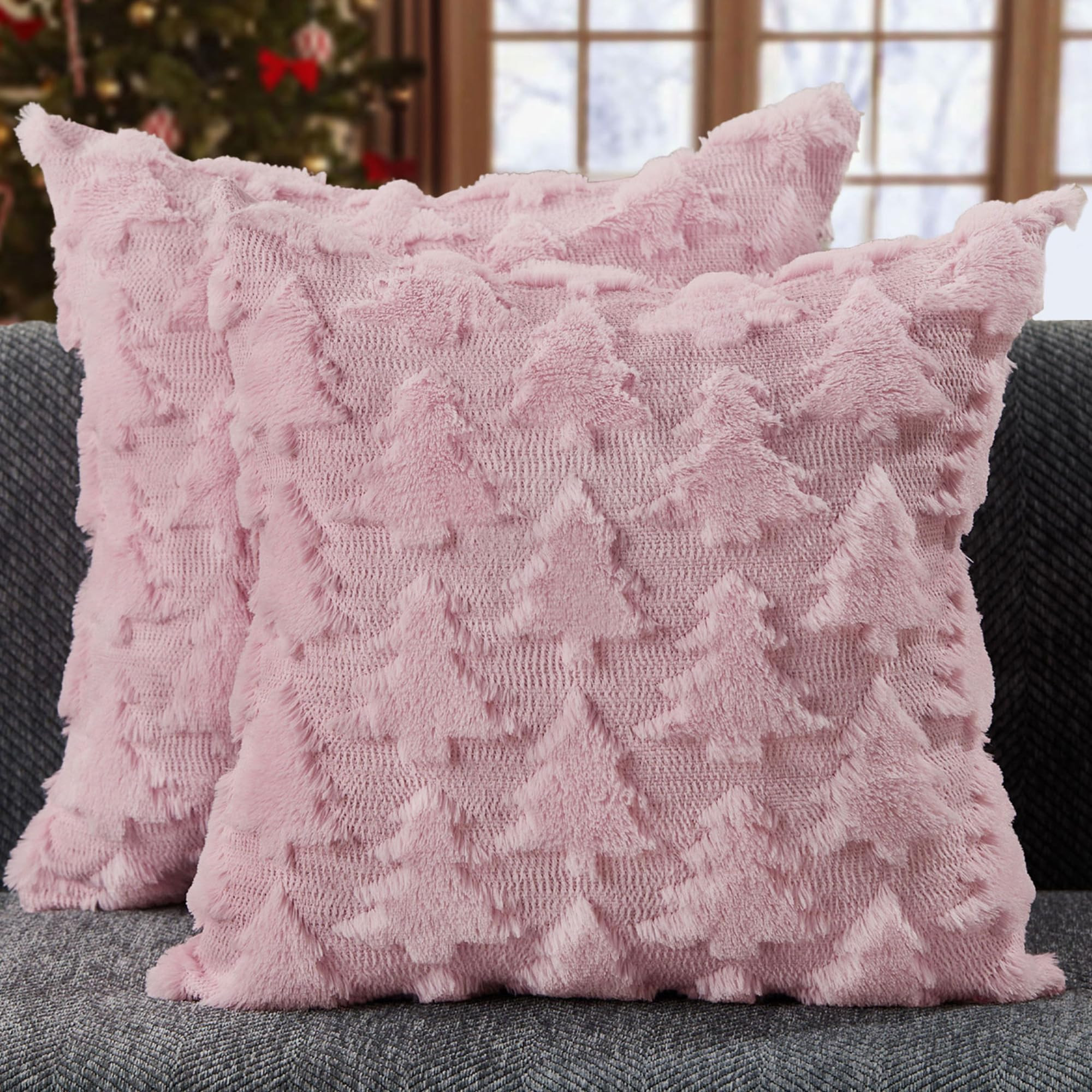 DFXSZ Christmas Pillow Covers 18x18 inch Set of 2 Pink Christmas Tree Decoration Soft Plush Faux ... | Amazon (US)