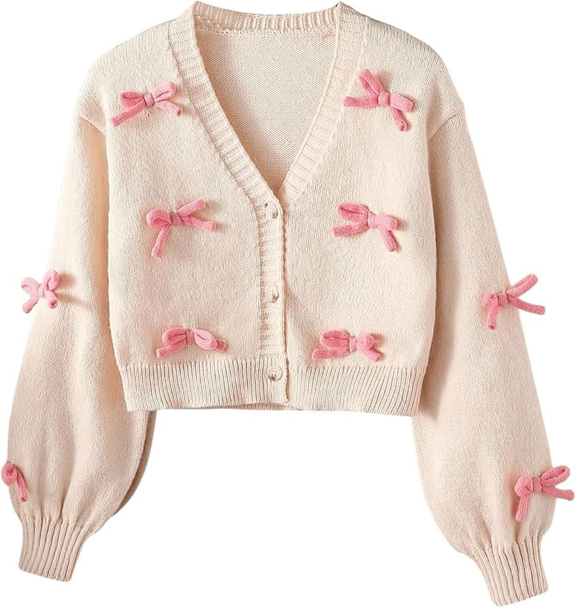 MakeMeChic Girl's 3D Bow Long Sleeve V Neck Button Down Cardigan Sweater Knitted Outerwear | Amazon (US)