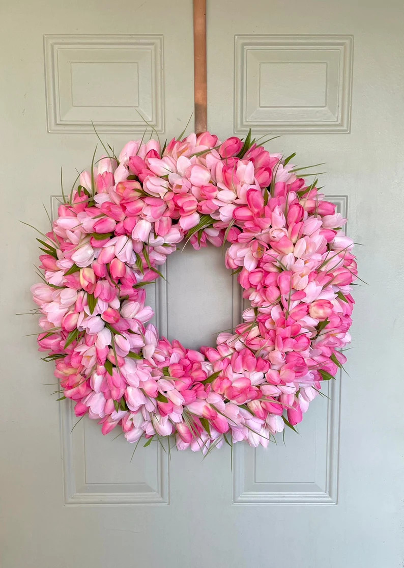Pink Tulip Wreath, Large Front Door Spring Door Hanger, It's A Girl Baby Shower Door Decoration, ... | Etsy (US)