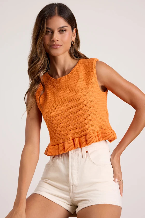 Flouncin' Around Orange Cropped Ruffled Sweater Tank | Lulus