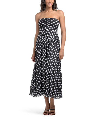 Strapless Polka Dot Ruched Dress For Women, Polyester | TJ Maxx