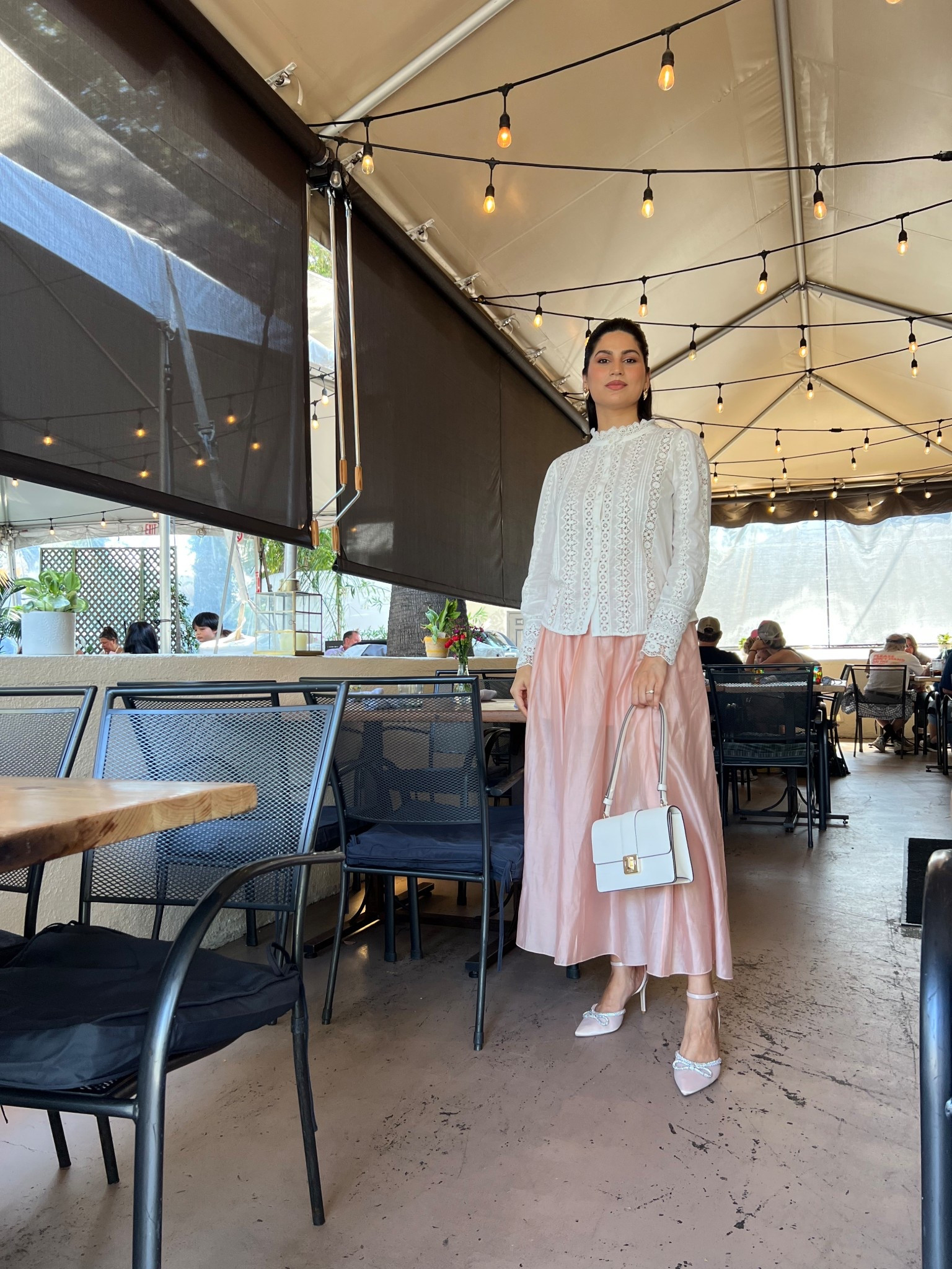 Elegant Lunch date outfit. 
Top @sezane
Skirt @h&m
Bag @katespade
Heels @amazon

#LTKItBag #LTKShoeCrush #LTKFallSale