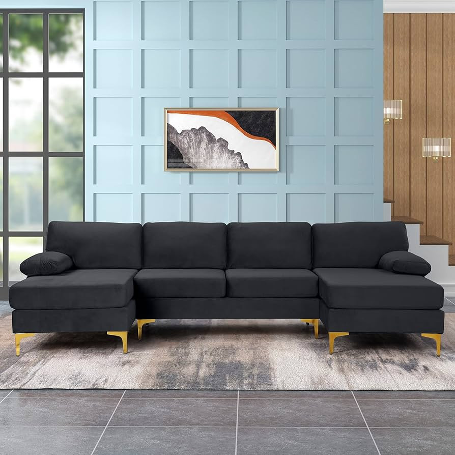Modern Large Velvet Fabric U-Shape Sectional Sofa, Double Extra Wide Chaise Lounge Couch with Gol... | Amazon (US)