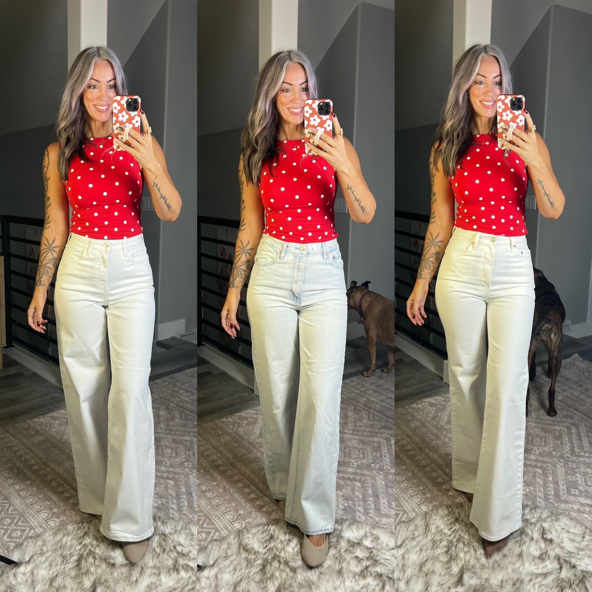 Jeans round 9 white jeans  left to right 
Target size 8
Levi’s Ribcage wide leg 29
Levis Ribcage flare size 28