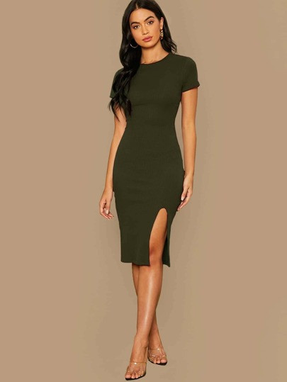 SHEIN Split Hem Rib-knit Pencil Dress | SHEIN