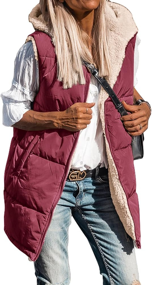 BTFBM Long Puffer Vest Women Fleece Sherpa Jacket Sleeveless Hooded Reversible Zip Up Winter Coat... | Amazon (US)